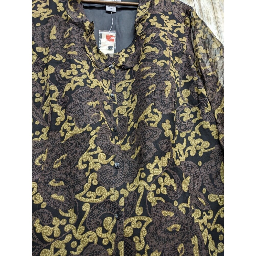 Avenue Paisley Semi-Sheer 3/4 Sleeve Silk Button Up Ruffle Blouse 14/16 NWT - Picture 4 of 11